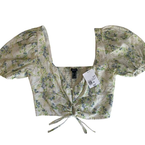 Forever 21 Womens Size Medium Puff Sleeve Smocked Crop Top Cottage Feminine - Picture 1 of 3